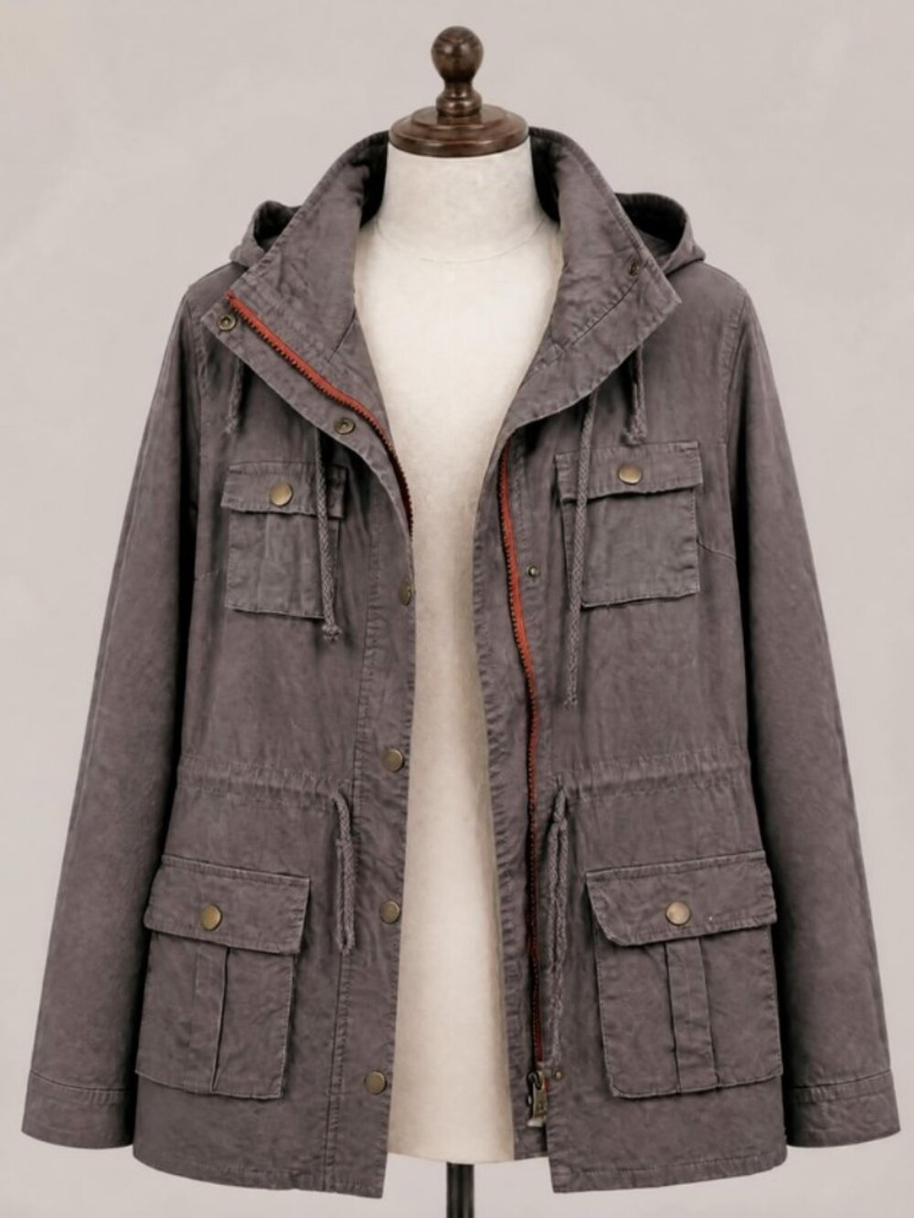 Women's Market & Spruce Utility Cargo Jacket Gray Removable Hood Medium